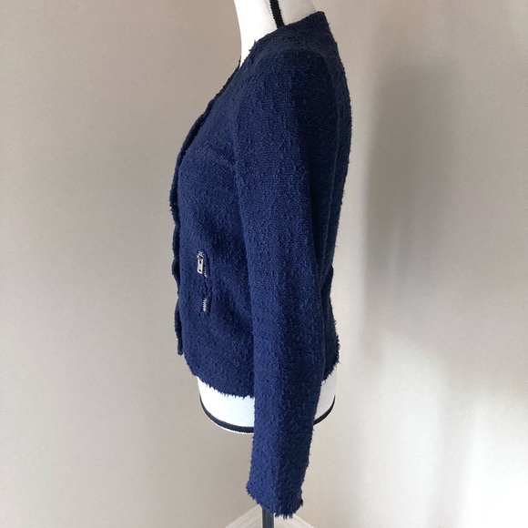 IRO Navy Blue Distressed Tweed Boucle Aggy Button Snap Zipper Jacket Size 8 - Picture 7 of 12